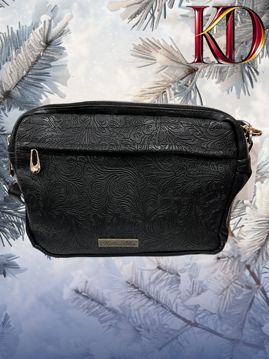 Black Tooled  Duel Zipper Compartment Crossbody bag