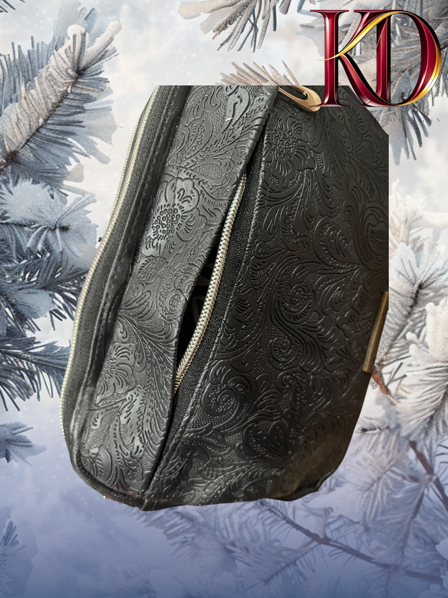 Black Tooled  Duel Zipper Compartment Crossbody bag